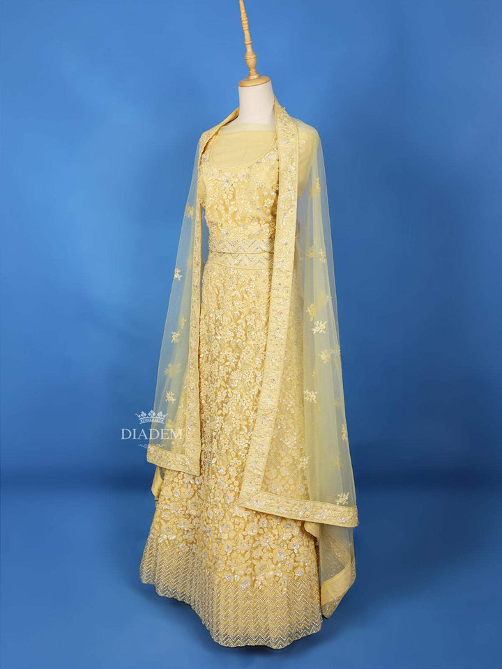 Yellow Semi Stitched Lehenga Adorned with Floral Sequins Embroidery Designs, with Net Dupatta - Diadem