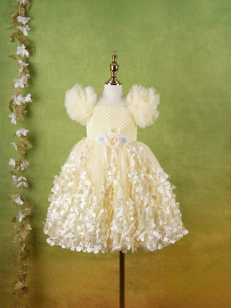 Yellow Net Gown Adorned With 3D Flowers