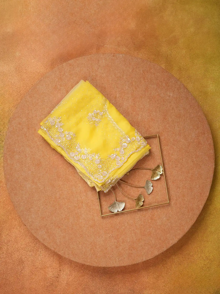 Yellow Organza Saree with Floral Embroidery