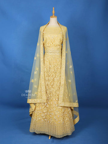 Yellow Semi Stitched Lehenga Adorned with Floral Sequins Embroidery Designs, with Net Dupatta - Diadem