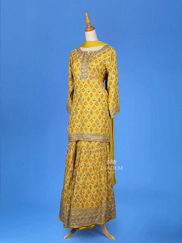 Yellow Sharara Salwar Suit Adorned with Floral Printed and Embroidery Designs, Paired with Dupatta - Diadem