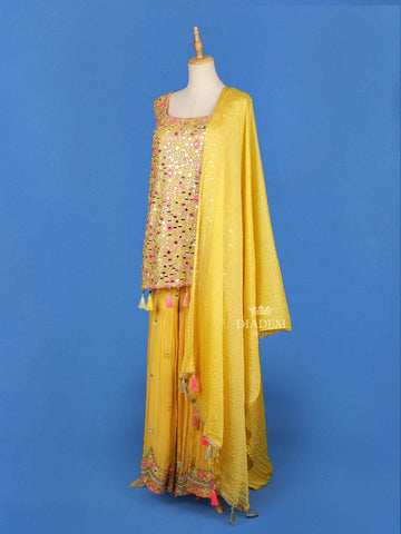 Yellow Sharara Salwar Suit Adorned with Mirror Embroidery work, Paired with Dupatta - Diadem