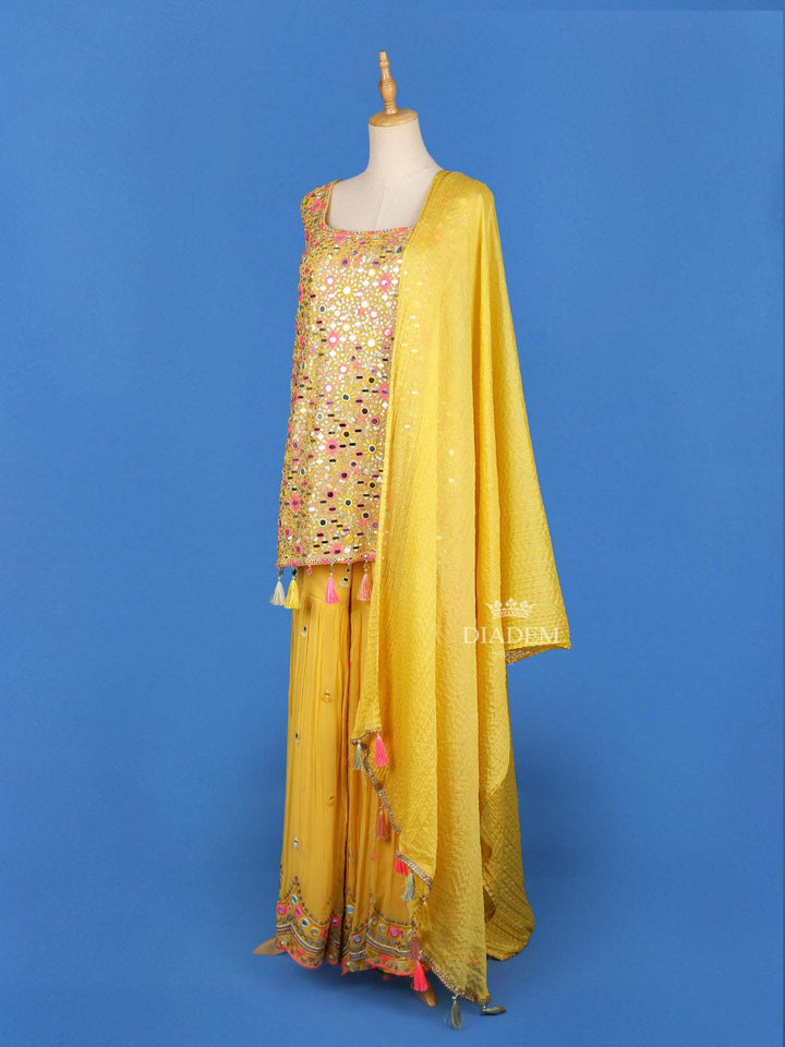 Yellow Sharara Salwar Suit Adorned with Mirror Embroidery work, Paired with Dupatta - Diadem