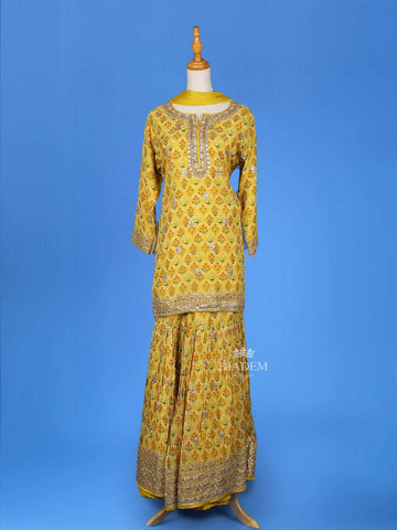 Yellow Sharara Salwar Suit Adorned with Floral Printed and Embroidery Designs, Paired with Dupatta - Diadem