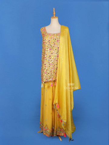 Yellow Sharara Salwar Suit Adorned with Mirror Embroidery work, Paired with Dupatta - Diadem