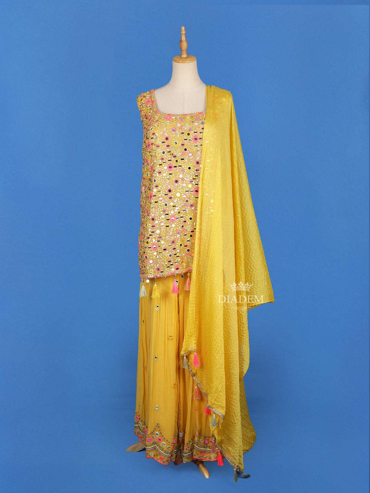 Yellow Sharara Salwar Suit Adorned with Mirror Embroidery work, Paired with Dupatta - Diadem