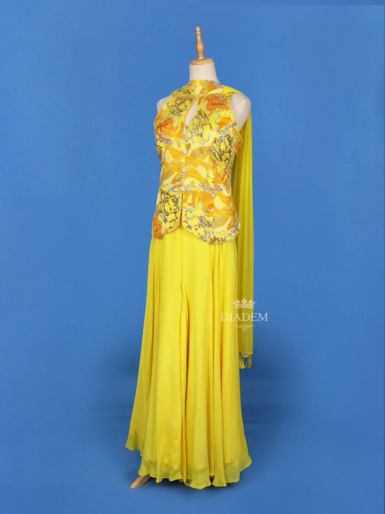 Yellow Palazzo Suit Adorned with Floral Embroidery, Paired With Choker Dupatta