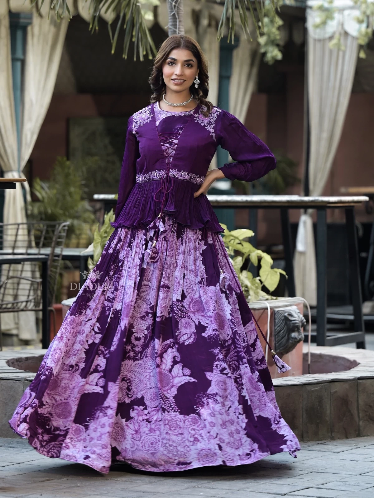 Purple Georgette Indo-Western Lehenga Embellished with Floral Prints and Sequins, Paired with Overcoat