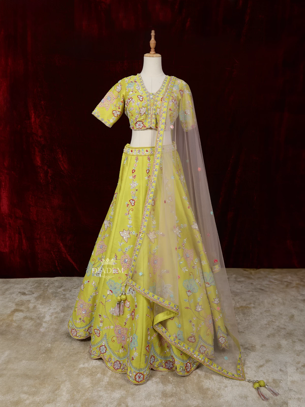 Lemon Yellow Silk Lehenga Adorned with Threadwork Embroidery, Paired with Net Dupatta