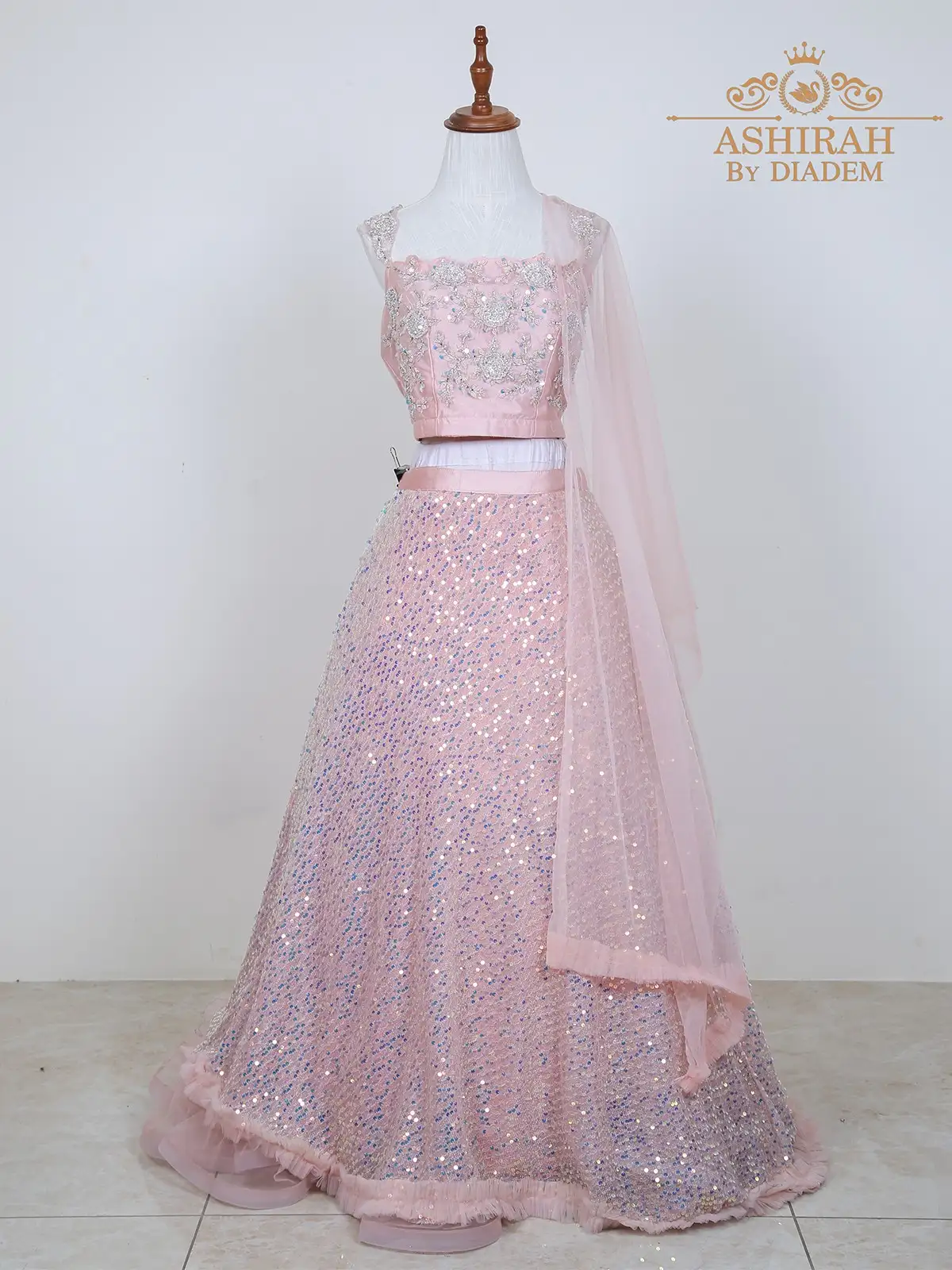 Light Peach Net Lehenga Embellished With Sequins And Beads With Dupatta