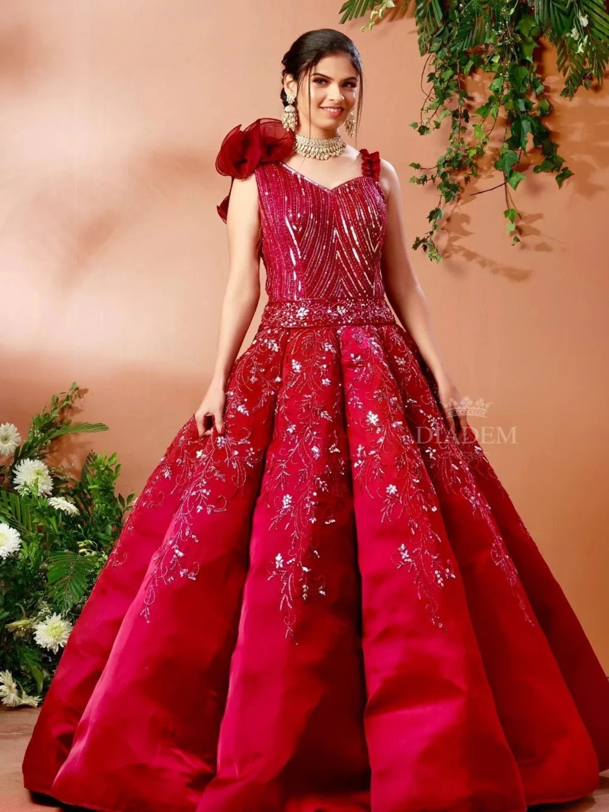 Dark Red Gown Embellished with Sequins and Floral Design Stones