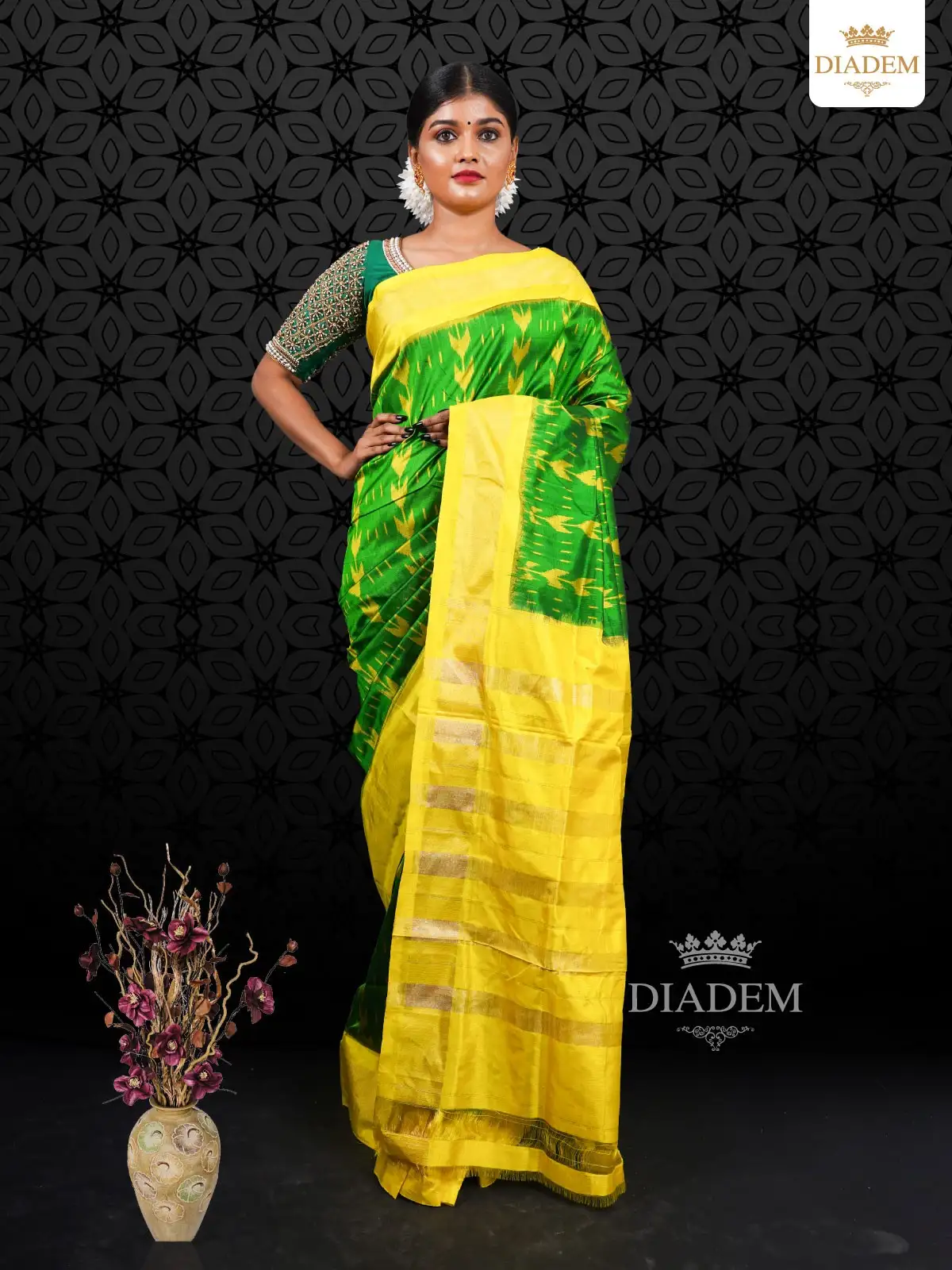 Leaf Green Pochampally Design Silk Saree With Plain Zari Border