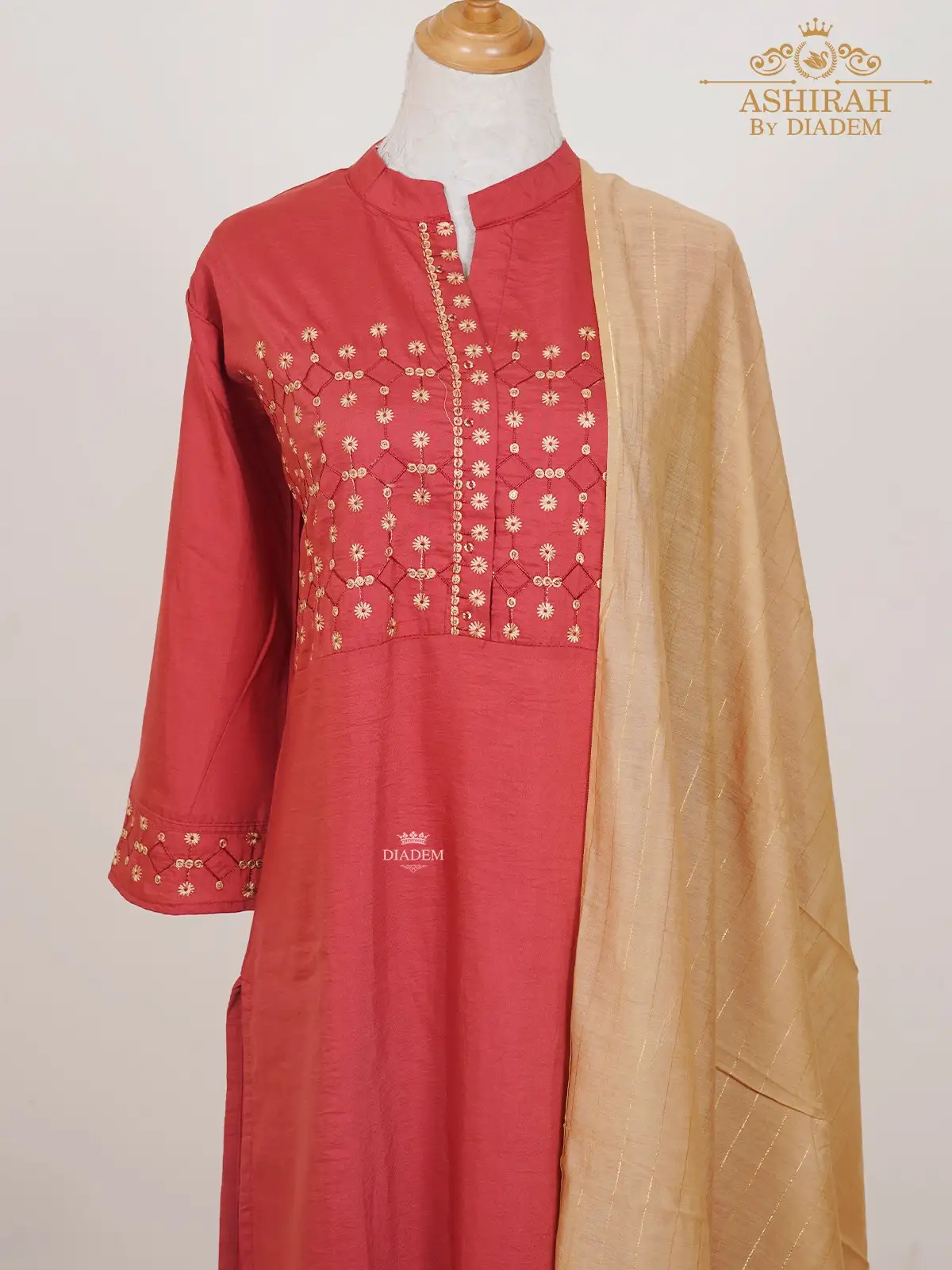 Red Straight Cut Suit With Thread Cut Embroidery And Dupatta
