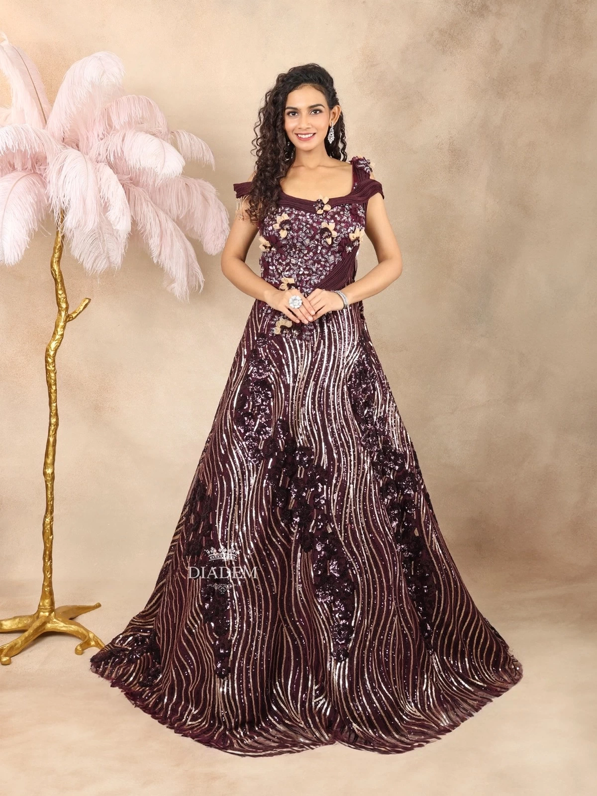 Dark Purple Net Gown Embellished with Sequins and 3D Flowers