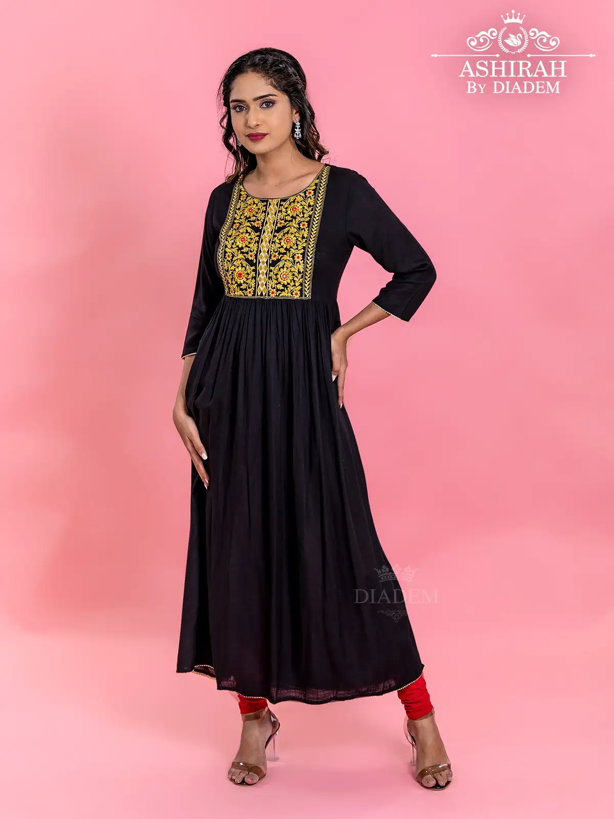 Black Cotton Long Kurti With Floral Embroidery
