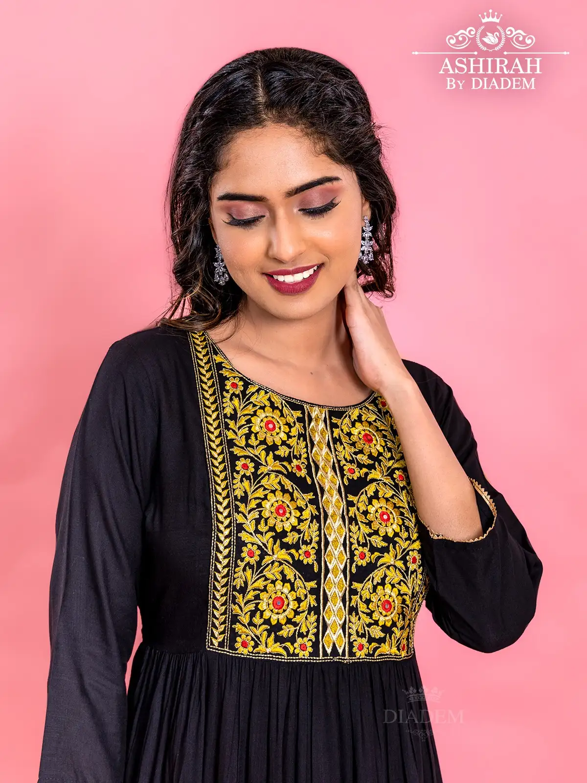 Black Cotton Long Kurti With Floral Embroidery
