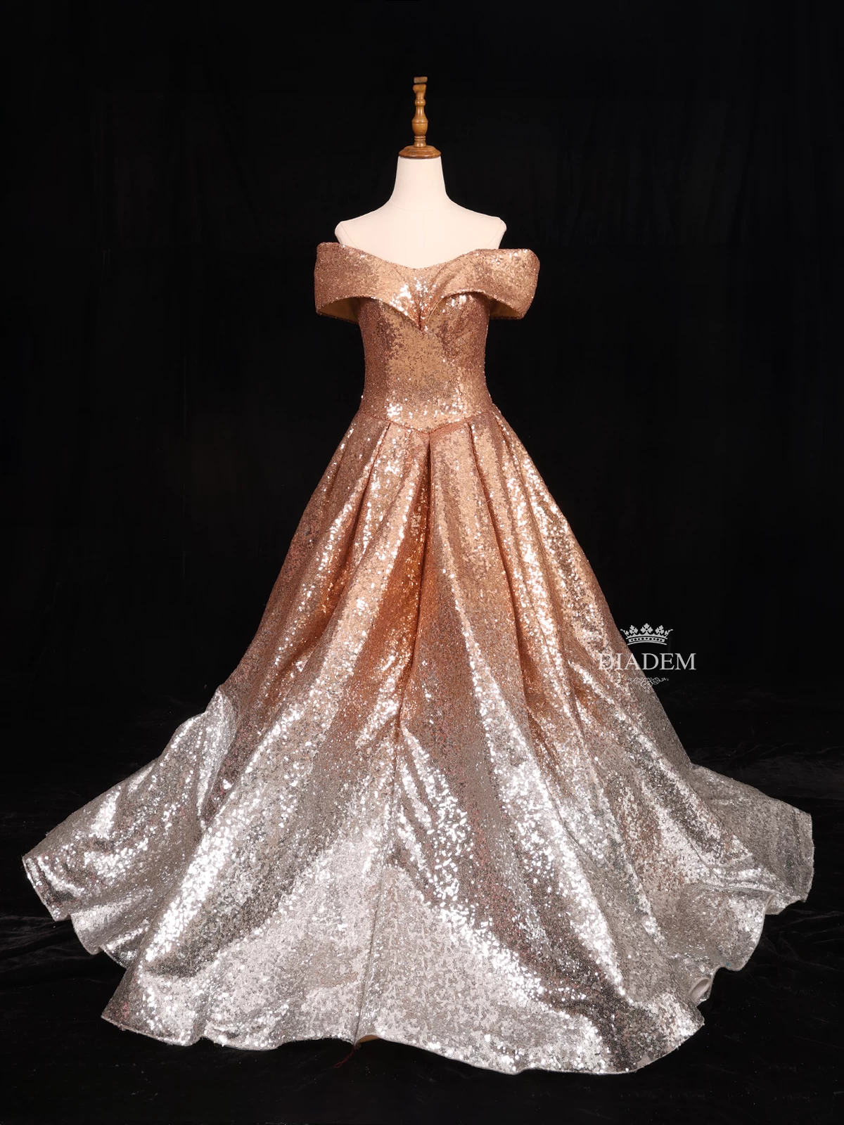 Gold Sequins Net Off-Shoulder Gown in Ombre Pattern