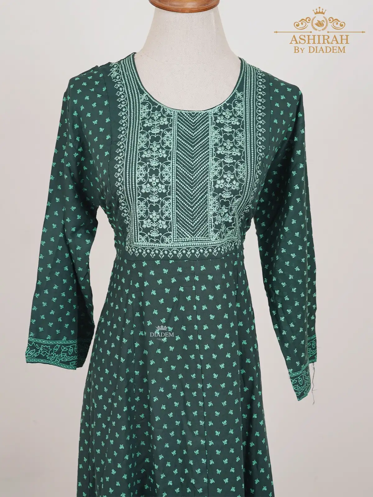 Dark Green Kurti With Thread Cut Embroideries And Floral Prints