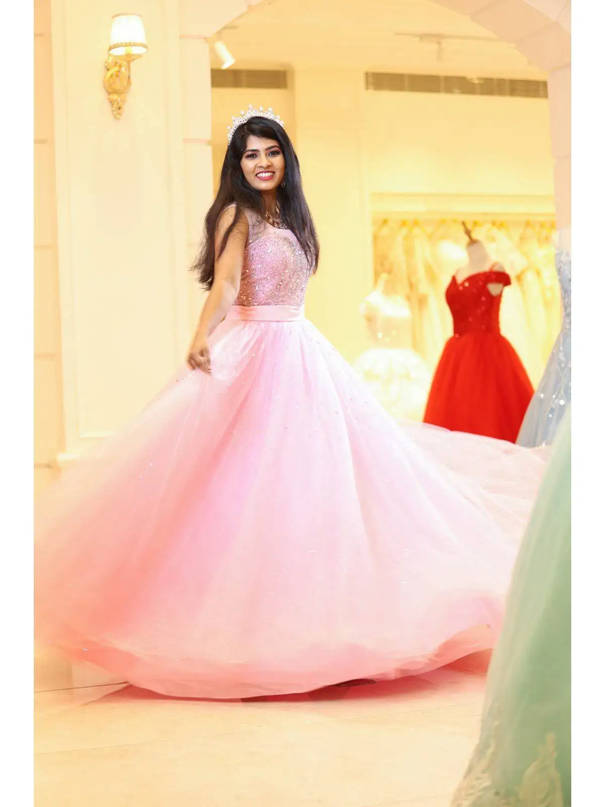 Light Pink Ball Gown Adorned With Beads And Waist Belt
