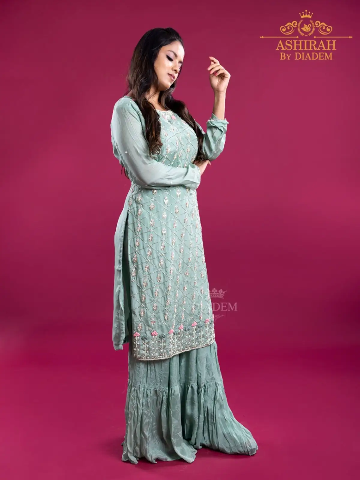 Light Blue Sharara  Suit Embellished In Floral Beads With Dupatta