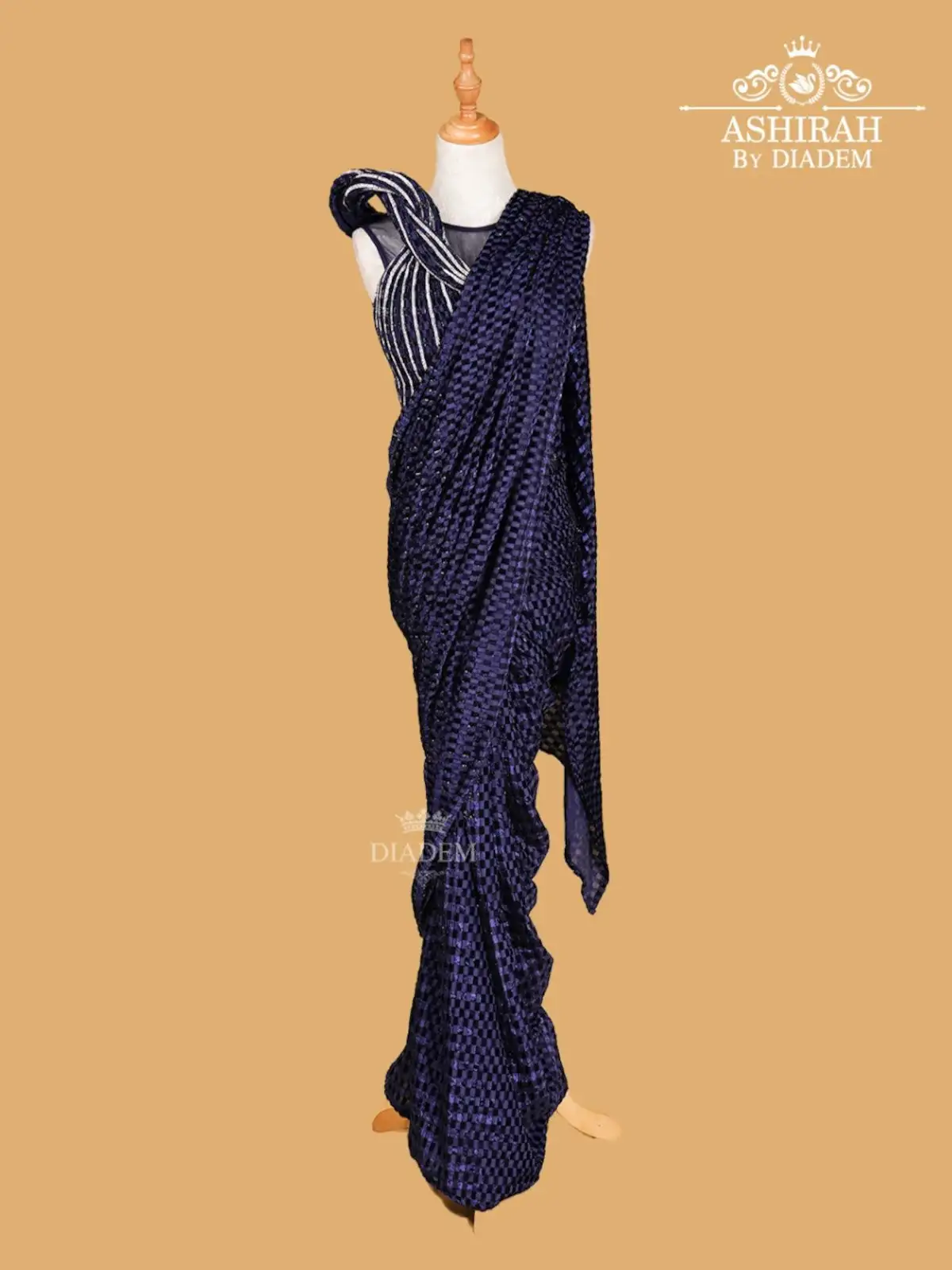 Dark Blue Checks Design Lycra Saree With Stones Studded One Side Ruffle Blouse
