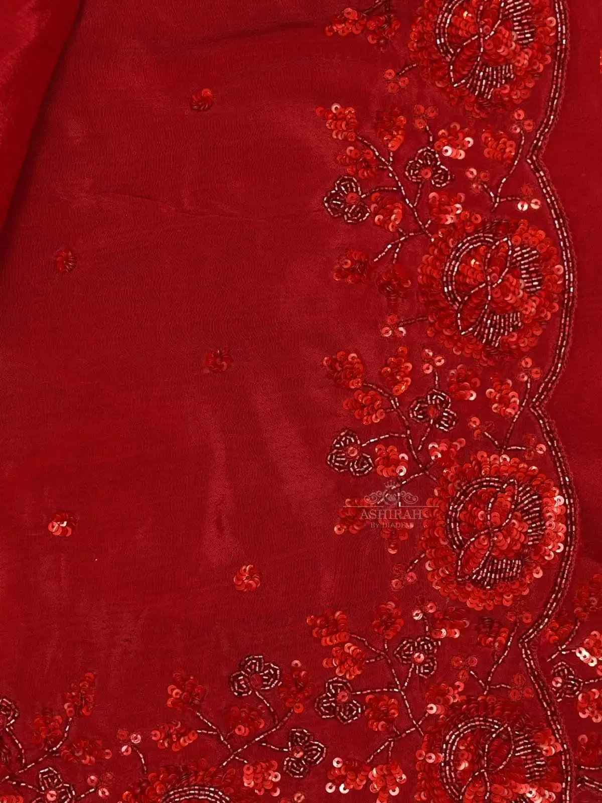 Red Organza Silk Saree Embellished With Floral Embroidery Border