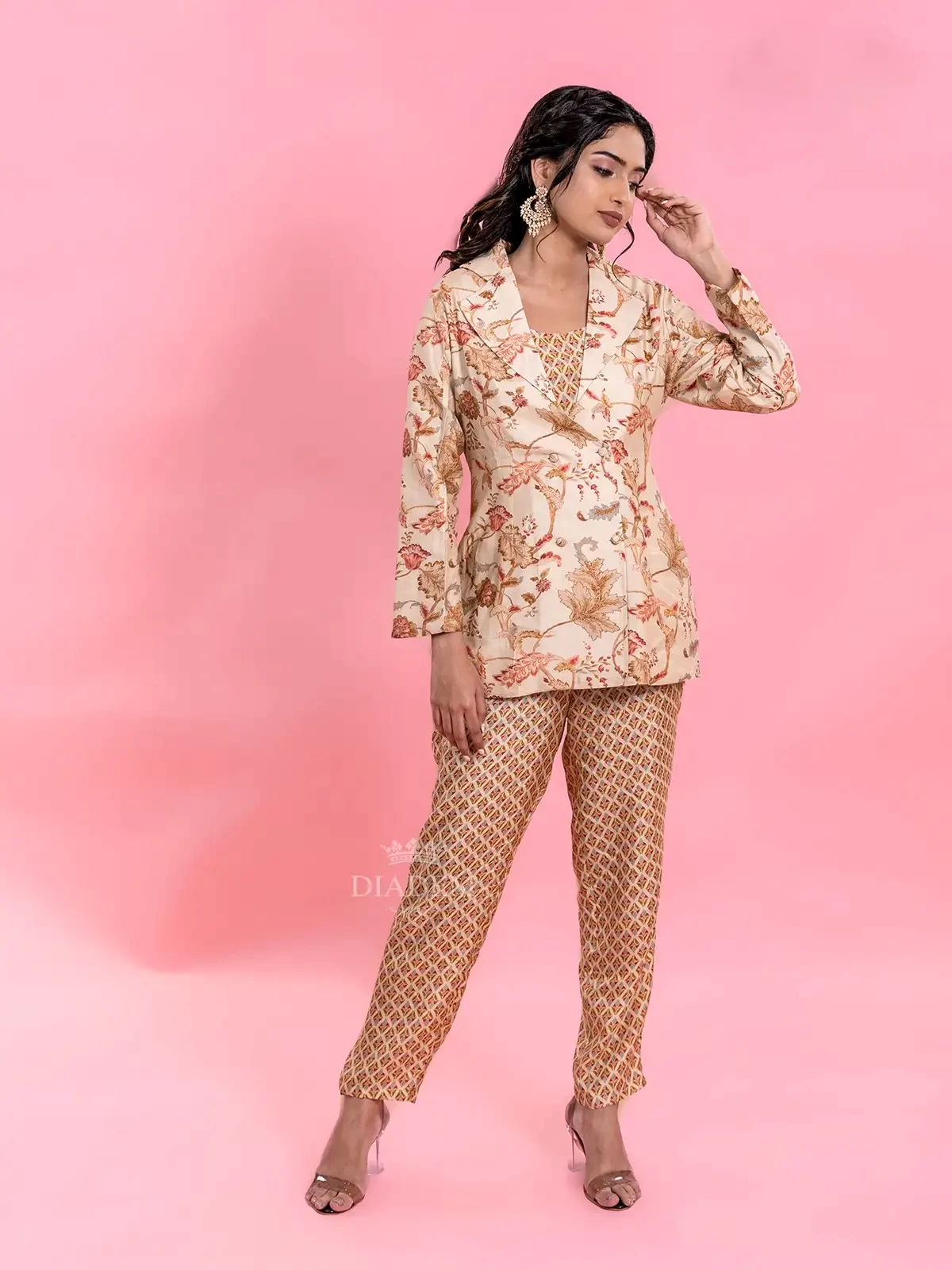 Light Beige Floral Prints Crop Top Suit With Overcoat And Pant
