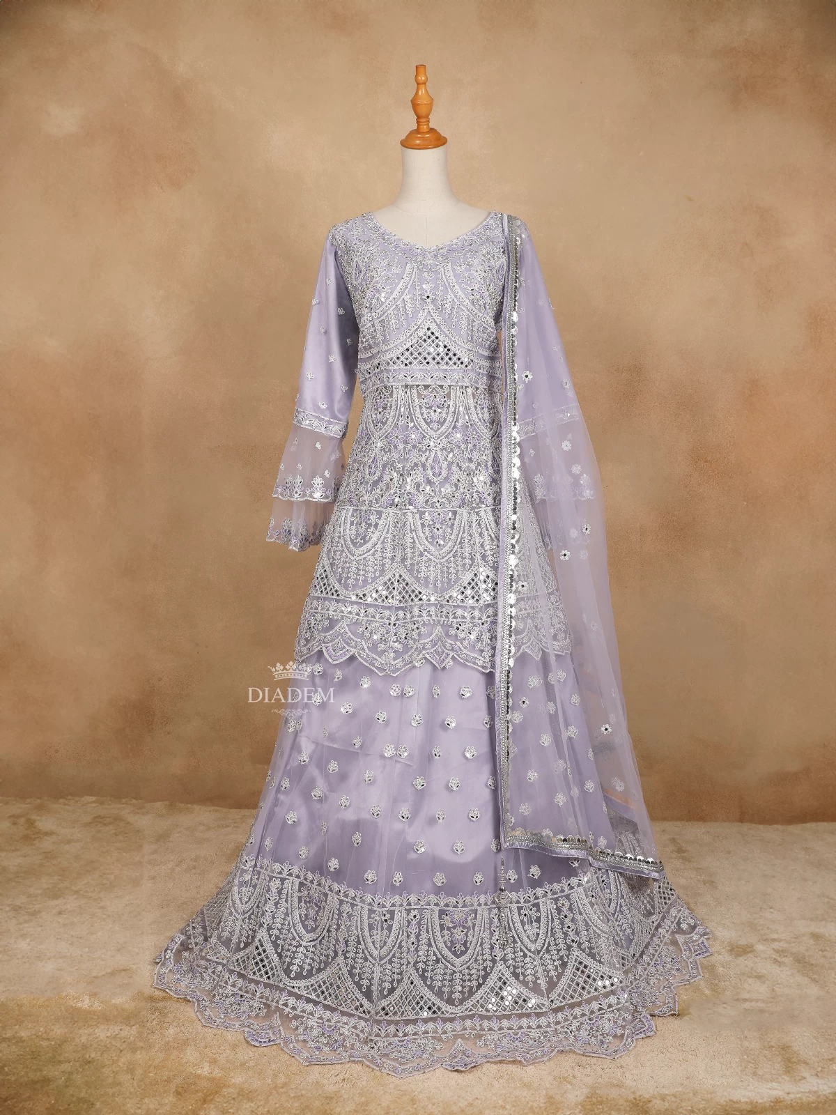 Lavender Net Lehenga Embellished with Threadwork Embroidery Paired with Matching Net Dupatta