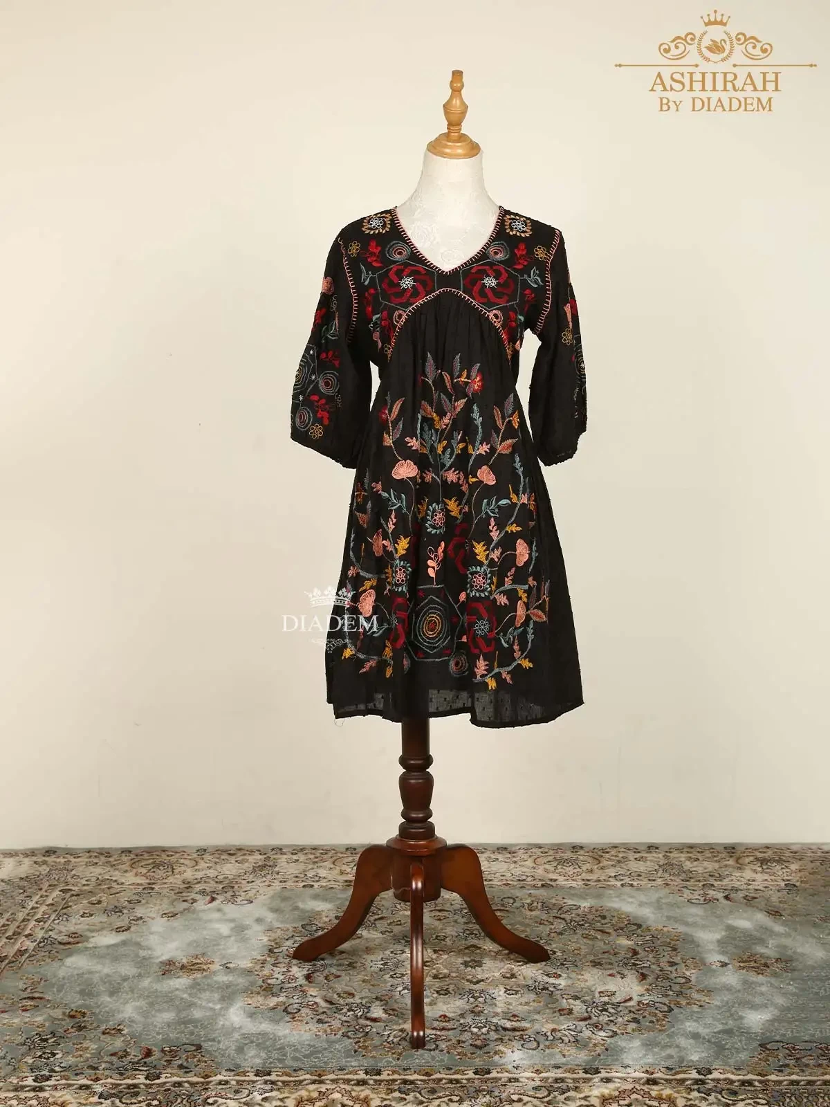 Black Kurti with Floral Embroidery with Prints