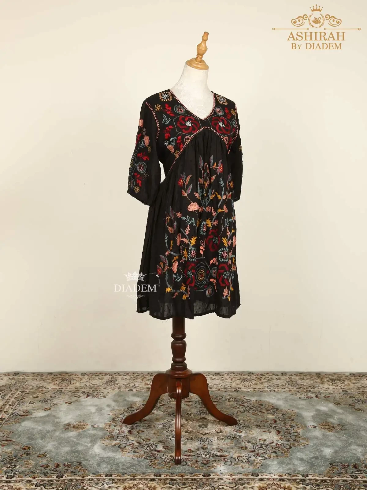 Black Kurti With Floral Embroidery With Prints