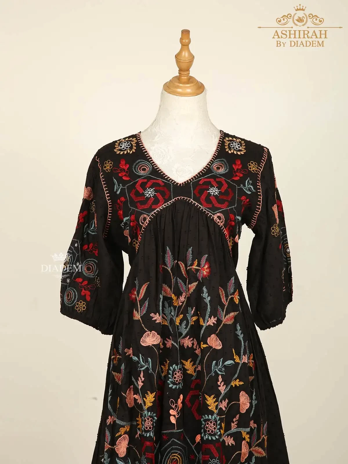Black Kurti With Floral Embroidery With Prints