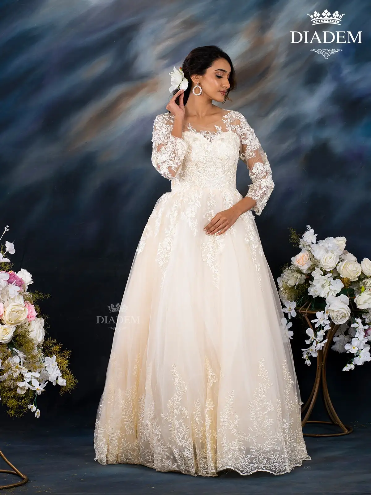 White Wedding Net Ball Gown Adorned With Floral Laces