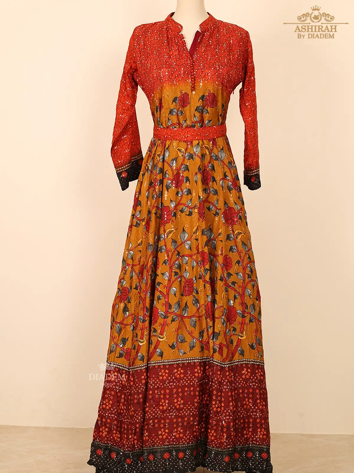 Red Orange Ombre Printed Long Kurti Enhanced In Floral Prints And Waist Belt