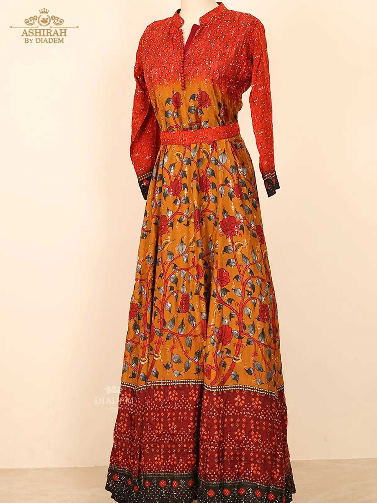 Red Orange Ombre Printed Long Kurti Enhanced In Floral Prints And Waist Belt