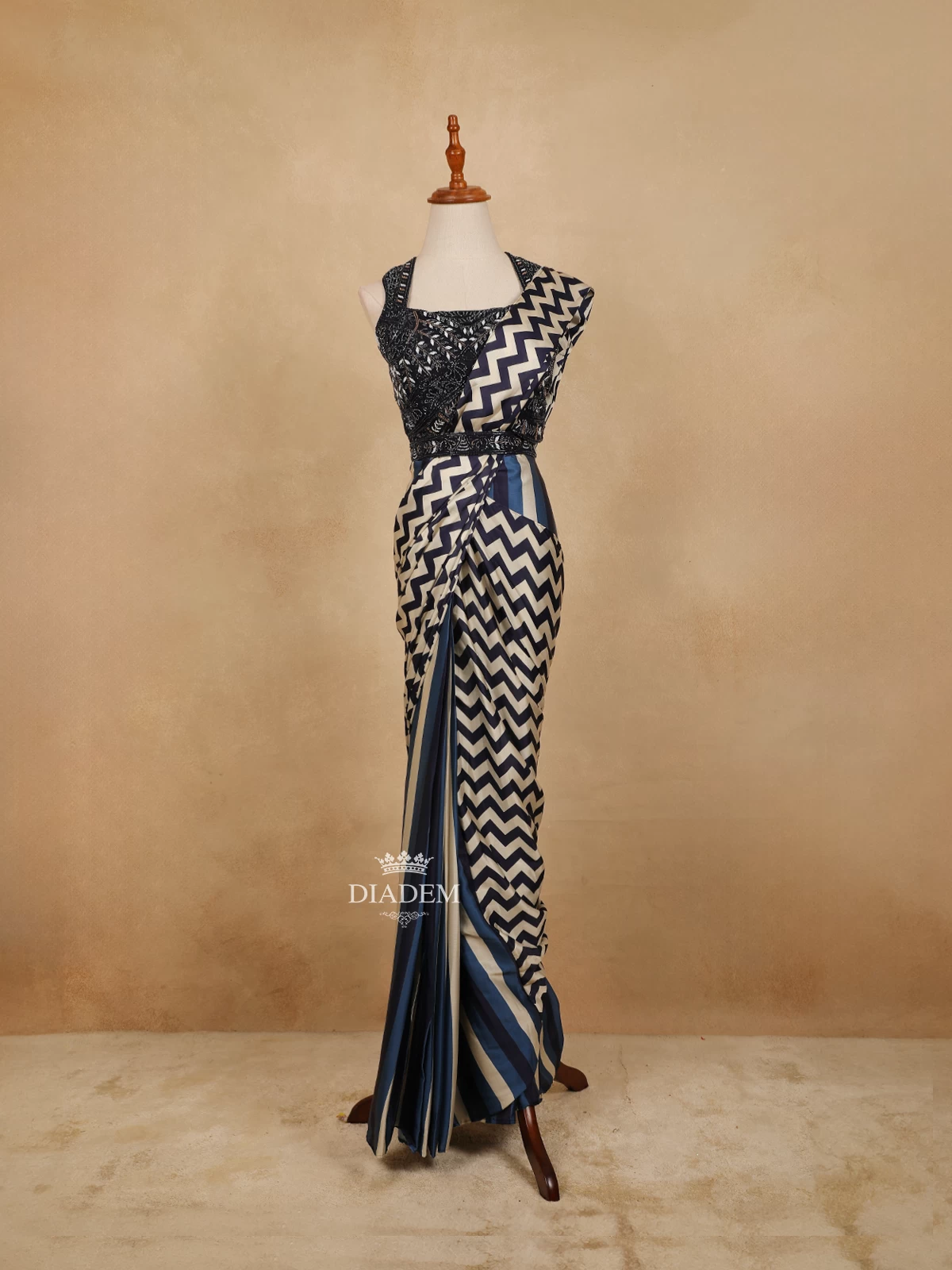 Black and Ivory Satin Saree with Chevron Prints on the Body and Designer Blouse with Waist Belt