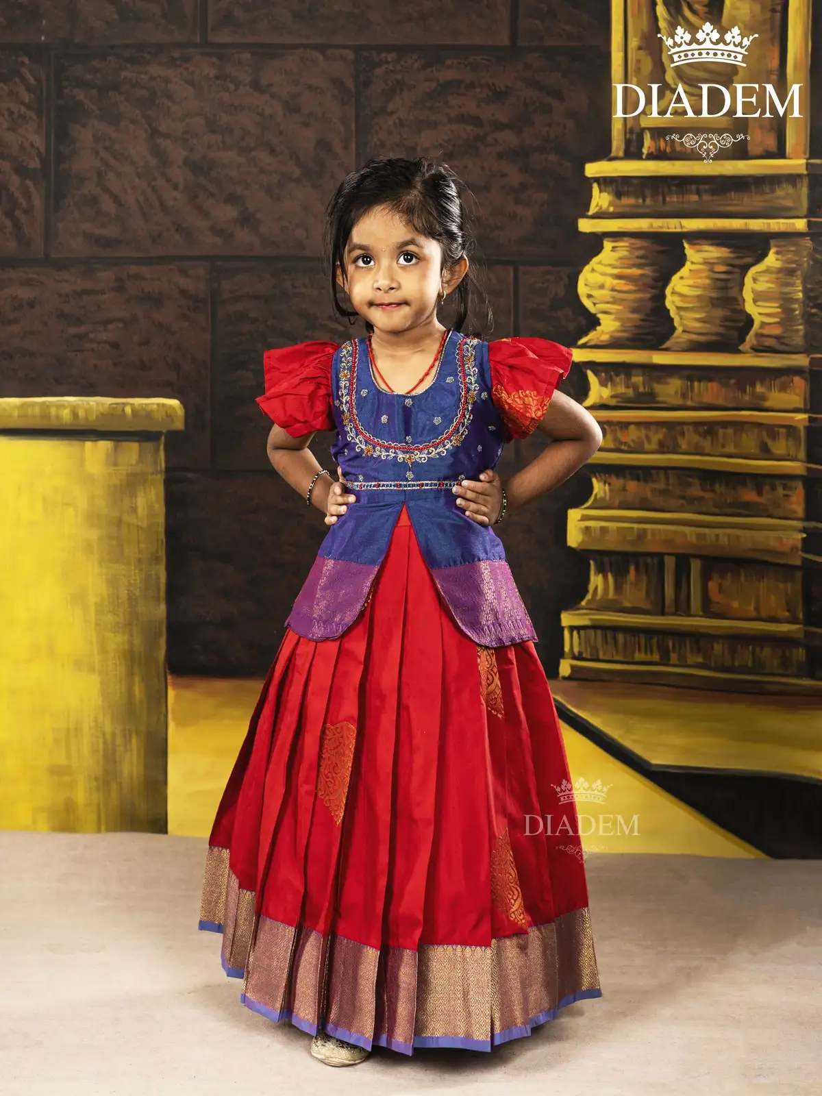 Red With Dark Blue Pattu Pavadai And Embroidery Top Adorned In Zaris